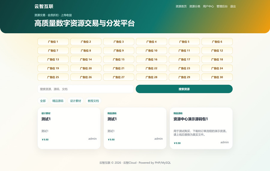 云智资源中心V2.0.1带支付/积分商城/广告流量变现源码-康仁安资源
