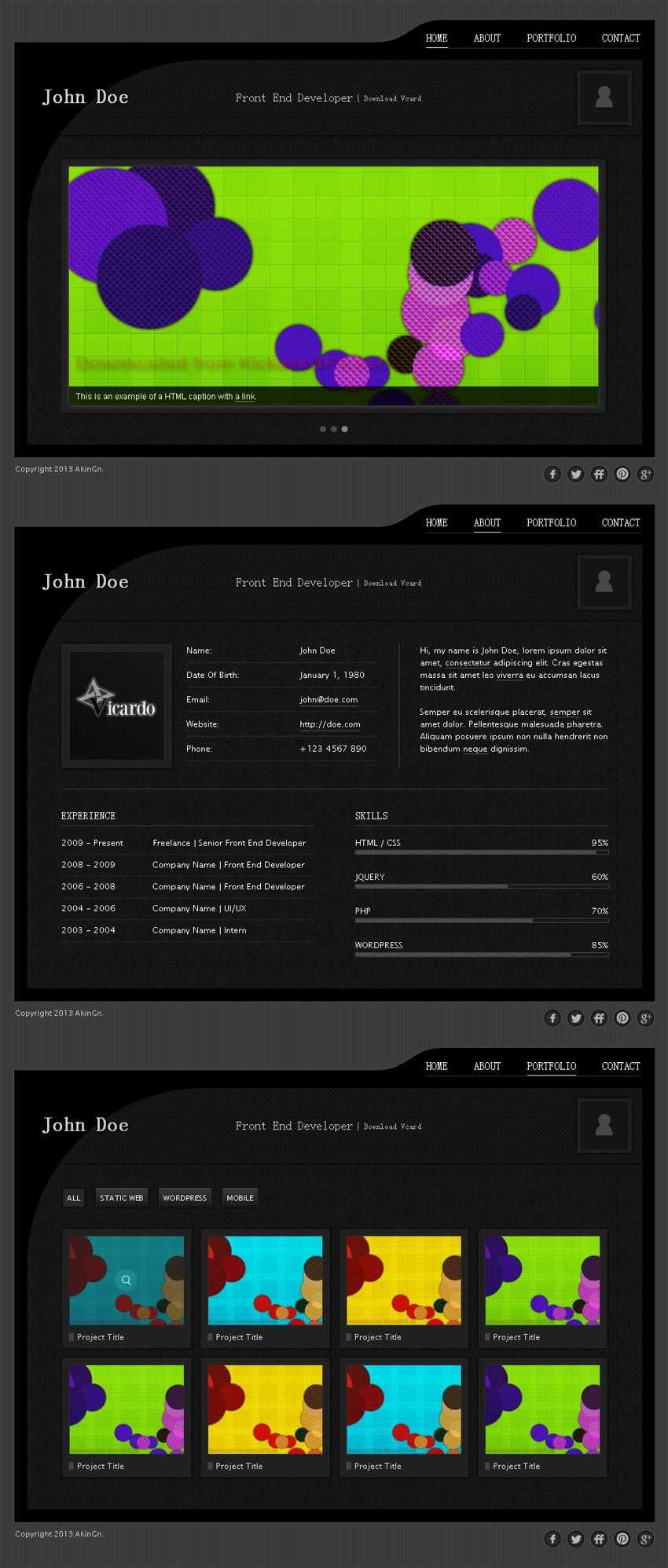 黑色风格的网页设计师个人主页div css模板下载